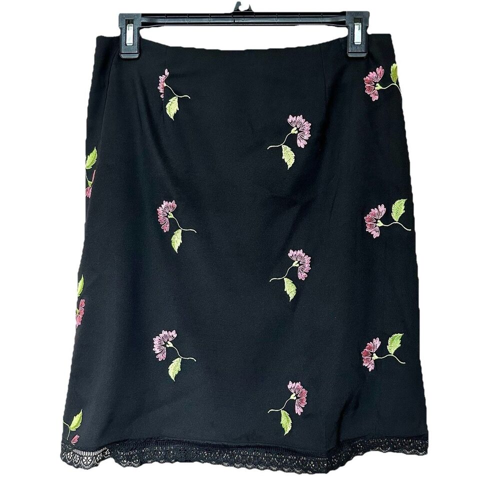 VTG Alberto Makali Skirt 10 Dark Floral Embroidered Midi Lace Trim Cute Goth